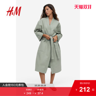 HM女士家居服睡袍四季 柔软华夫格有口袋绑带浴袍睡袍0991755