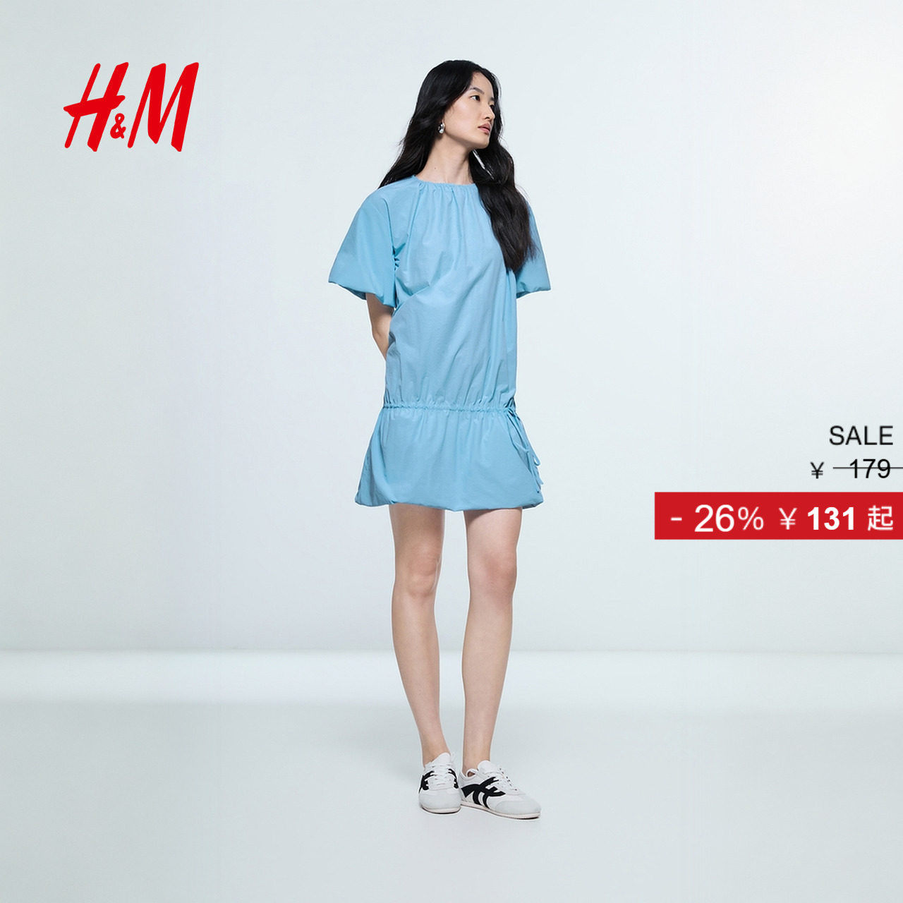 HM女士短袖连衣裙2025冬季新款文艺低腰短袖泡泡袖连衣裙100