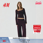 HM女装 酒红色短上衣1296048 打底长袖 T恤冬季 蕾丝边低领口修身