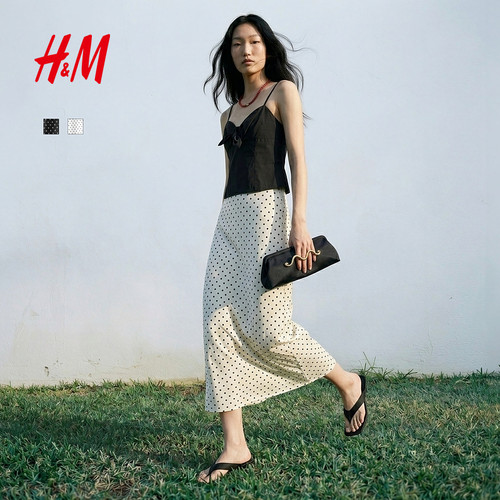 HM女装半身裙2026夏季新款时尚波点缎面高腰中长半身裙1000170