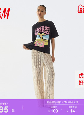 HM女装T恤2026夏季新款文艺复古穿搭乐队印花宽松圆领短袖1314589