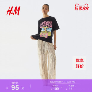 HM女装T恤2026夏季新款文艺复古穿搭乐队印花宽松圆领短袖1314589