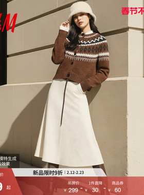 HM女装毛针织衫春季新款费尔岛风红色毛衫羊毛混纺毛衣1000051