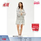 HM女装 系带短裙1217790 印花灯笼长袖 花卉连衣裙春季 宽松圆领法式