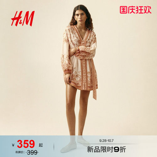HM女装连衣裙灯笼袖宫廷佩斯利花纹海岛穿搭长裙裙子1321000