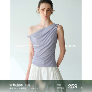 现货Mogas明星同款不对称扭结一字斜肩小衫针织修身无袖T恤女春夏