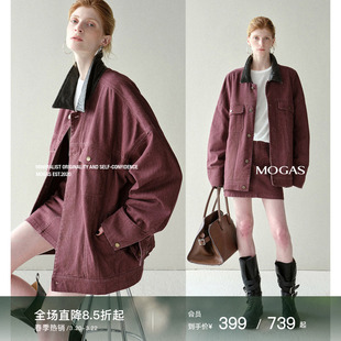 Mogas复古巴恩风 重磅做旧水洗牛仔拼接皮领夹克外套短半裙女春秋