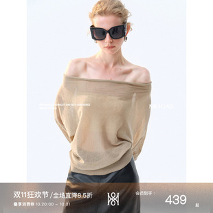 Mogas/2ways棉麻混纺凉爽微透一字斜肩荡领针织衫慵懒感上衣女夏
