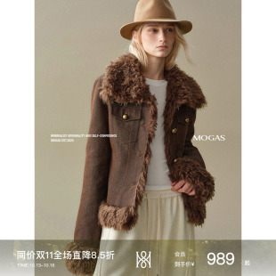 Mogas鎏光丹宁 摩登复古金银葱环葆毛领短款夹棉服牛仔外套女秋冬