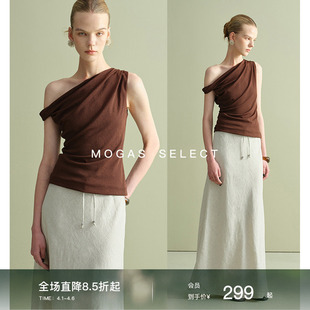 Mogas 不对称扭结一字斜肩小衫 针织无袖 T恤女春夏 明星同款