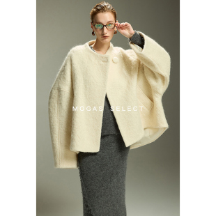 Mogas篙奢马海羊驼毛混纺慵懒圈圈纱ROW风蝙蝠袖 毛呢大衣外套女冬
