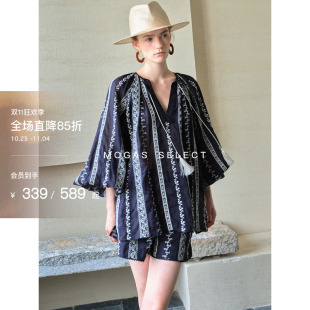 现货 花边短裤 Mogas假日套装 刺绣衬衫 女夏 重工苎麻灯笼喇叭袖