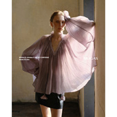 Mogas权柔花瓣系列重磅莱赛尔醋酸混纺V领灯笼长袖 木耳边上衣 衬衫