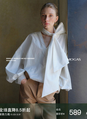 【现货】Mogas高智大女主 100纯棉微皱上衣V领立体绑带蝴蝶结衬衫