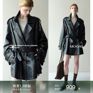 pu皮风衣外套女秋季 Mogas光影叙事 重工压线弹力金属丝廓形中长款