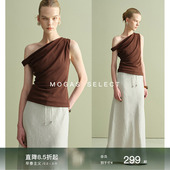 T恤女春夏 针织无袖 现货 Mogas朗姆酒不对称扭结一字斜肩小衫