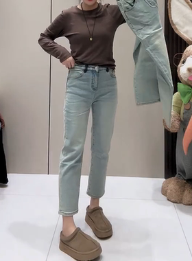 68107#秋季新款胖妹妹高腰显瘦九分修身弹力烟管裤直筒牛仔裤女