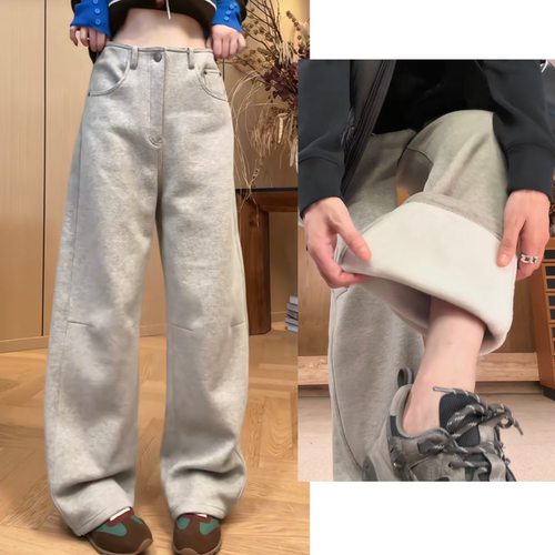 秋冬加绒高腰显瘦花灰窄版弯刀裤