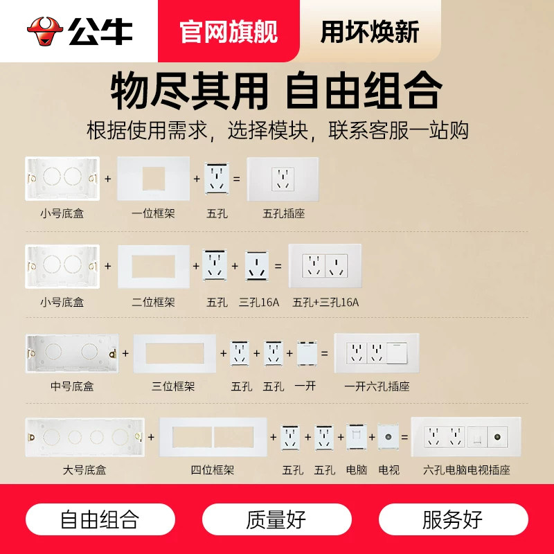 公牛118型开关插座面板家用墙壁暗装长方形插座带开关USB组合模块