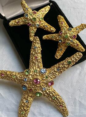 Vintage blanca flor金色熔岩精致华海星星水晶耳夹胸针中古套装