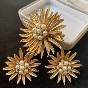 TVG金色珍珠水晶太阳花向日葵雏菊优雅浪漫精致胸针中古耳夹套装