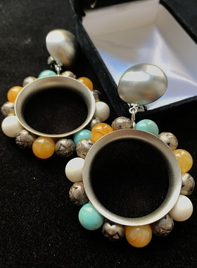 Vintage MARCY FELD波西米亚风格银色天然玉石琉璃石绿松石耳夹