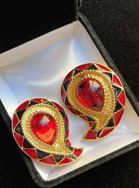 Vintage红色琉璃黑红珐琅腰花皇室重工彩宝高级奢华精致独家耳夹