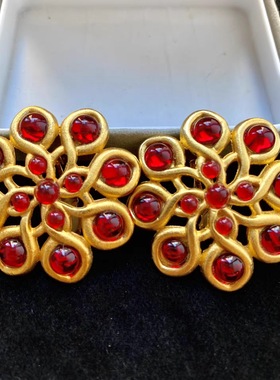 Vintage Dubin红色琉璃全铜雾面金曼陀罗花气质华丽高贵中古耳夹