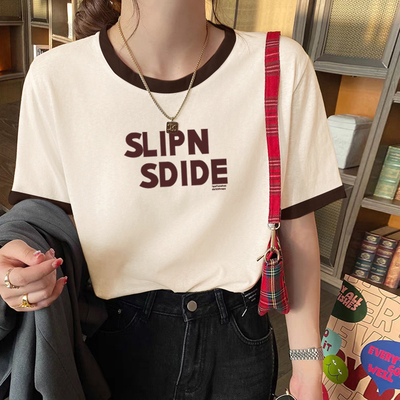 设计感小众撞色棕色纯棉短袖t恤女2025夏季新款宽松显瘦减龄上衣