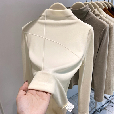 德绒加厚加绒杏色半高领打底衫女秋冬内搭新款上衣时尚洋气可外穿