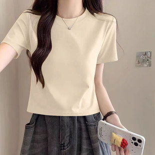 正肩纯色纯棉短款短袖t恤女2026夏季新款简约高级感上衣修身显瘦