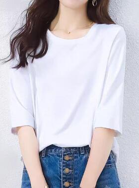 纯棉白色中袖上衣女七分袖t恤2026春夏季新款时尚洋气减龄小衫潮