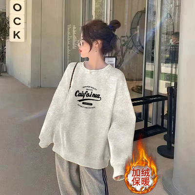 美式复古加绒加圆领灰色卫衣女款无帽秋冬正肩上衣女秋冬2025新款