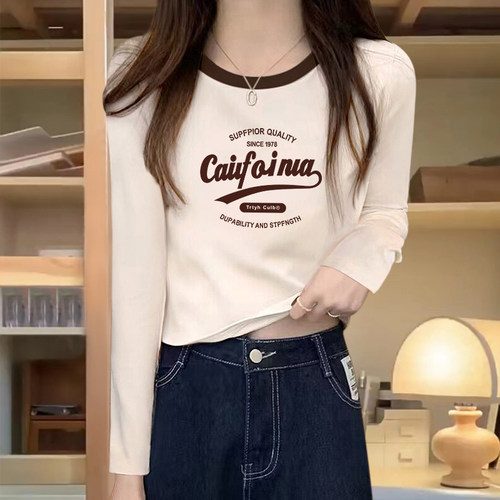 正肩白色短款上衣女纯棉长袖t恤女2026年新款设计感小众洋气小衫