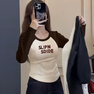 正肩设计感小众小个子纯棉长袖t恤女春季新款短款洋气上衣打底衫