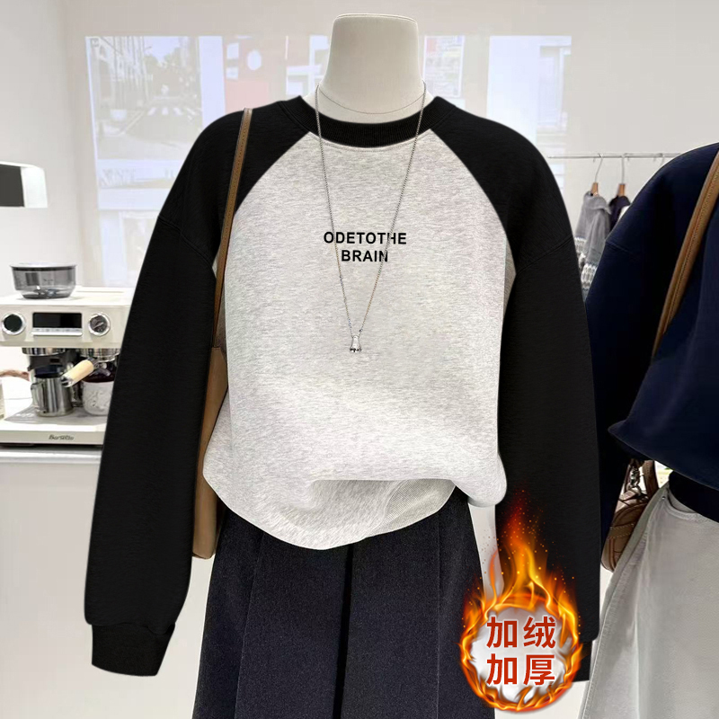 美式复古加绒加厚圆领灰色卫衣女款无帽秋冬季正肩长袖上衣女秋冬