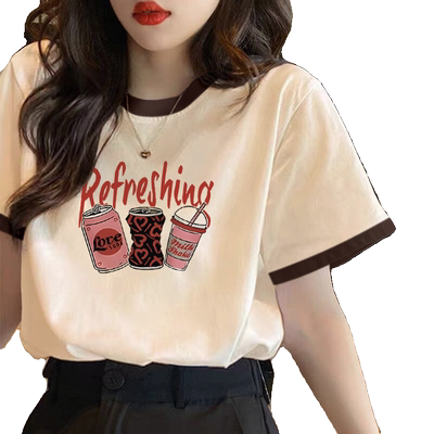 拼接棕色设计感小众上衣纯棉短袖t恤女夏季新款宽松大码减龄小衫