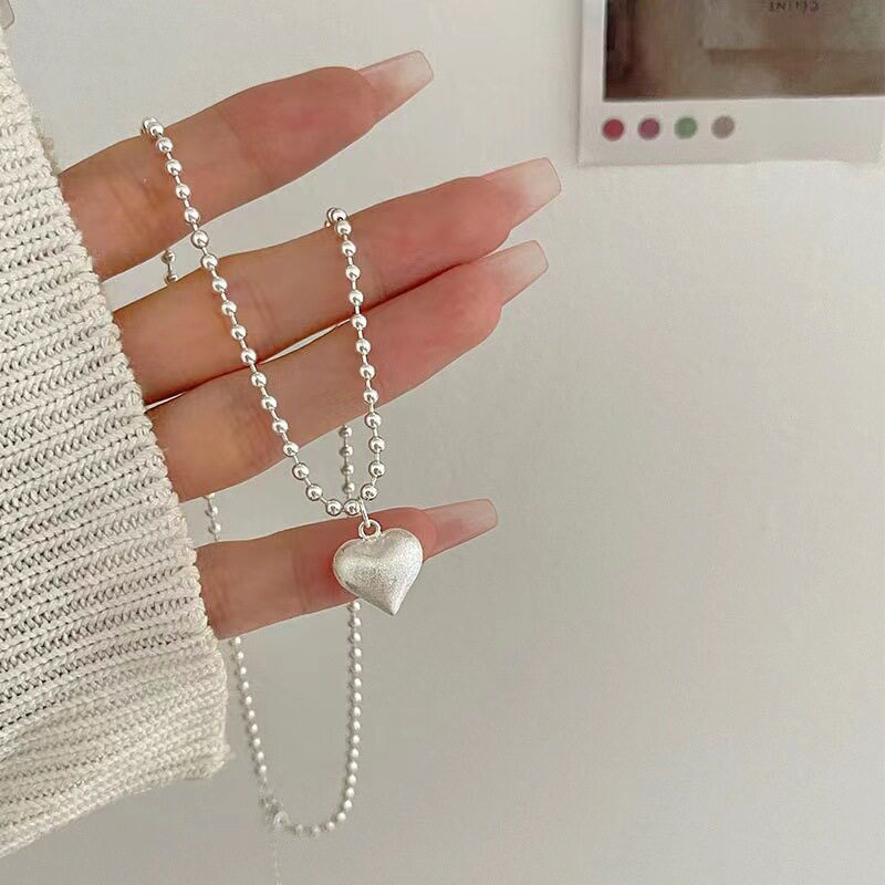 s990纯银拉丝爱心项链女韩版轻奢感圆珠链小众设计感心形吊坠