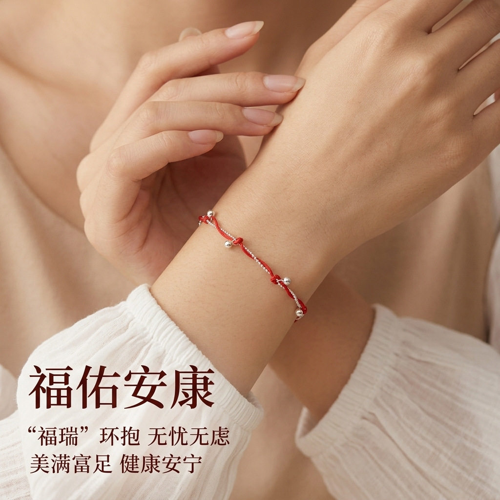 s925纯银缠绕小圆珠手绳女轻奢手链国潮新中式本命年红绳