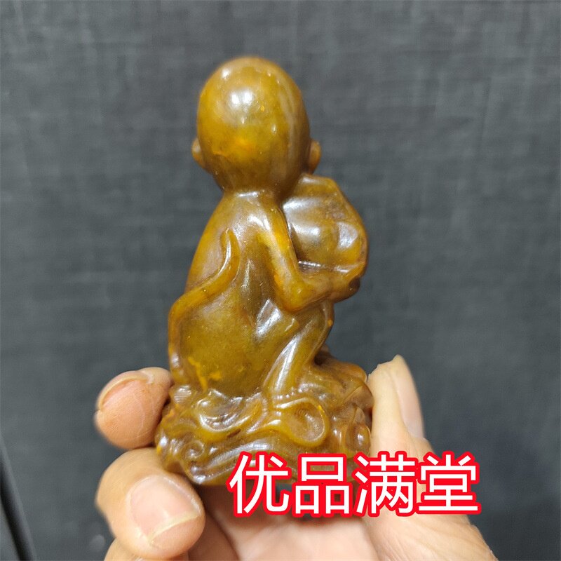 文玩杂项仿古做旧岫玉工艺品猴子抱寿桃摆件挂件手把件直播供货