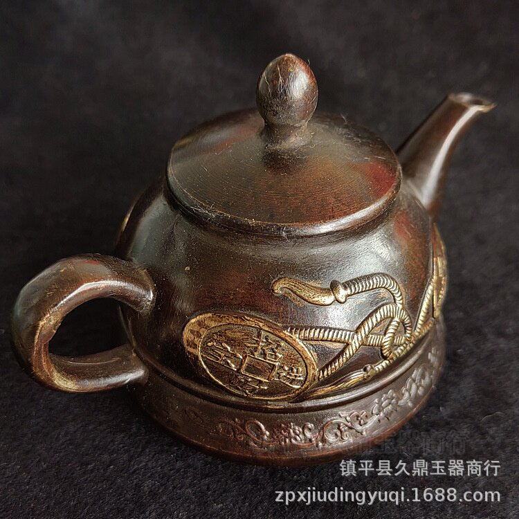 铜器鎏金茶壶 古玩铜器金钱茶壶老式功夫茶壶铜雕茶壶茶道装饰品