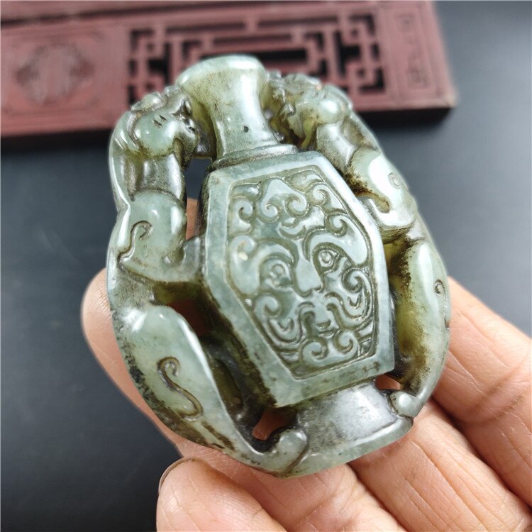 供应珠宝古玩工艺品杂项岫玉仿古做旧双貔貅宝瓶吊坠挂件