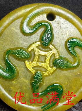 直播供货仿古做旧工艺品岫玉雕刻瑞兽佛口描金彩绘高古玉挂件
