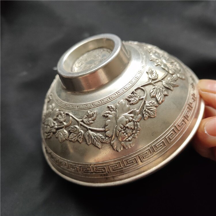 古玩杂项仿古做旧工艺品白铜年年有余花开富贵款藏银碗摆件批发