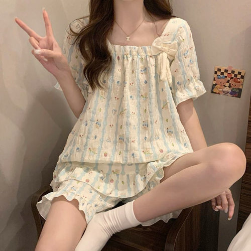 带胸垫睡衣女款夏天短袖薄款防凸点可爱蝴蝶结甜美夏季套装家居服