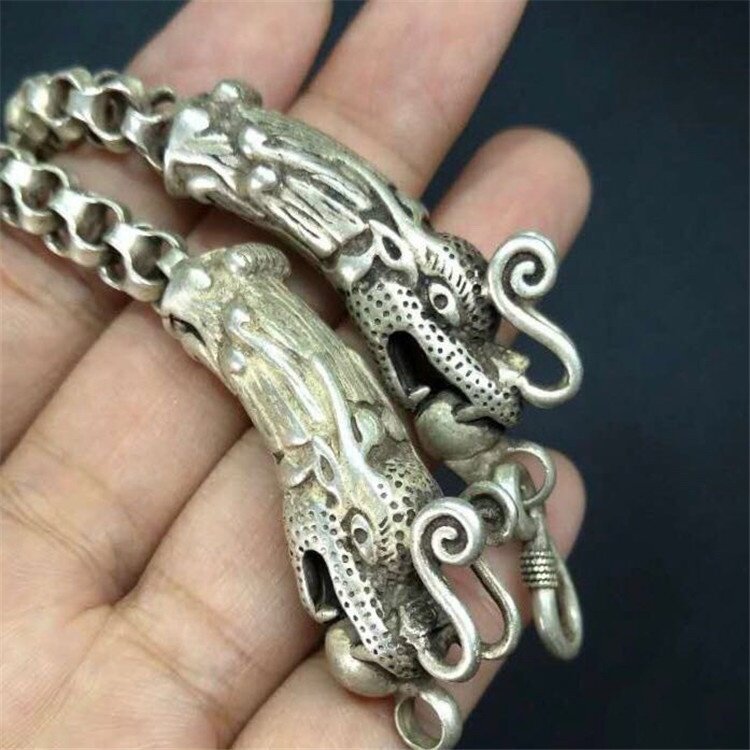 古玩杂项仿古白铜做旧工艺品二龙戏珠项链复古民族风链条项链批发