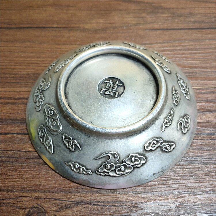 古玩仿古做旧工艺品白铜龙凤浮雕盘子摆件茶托碟子笔洗