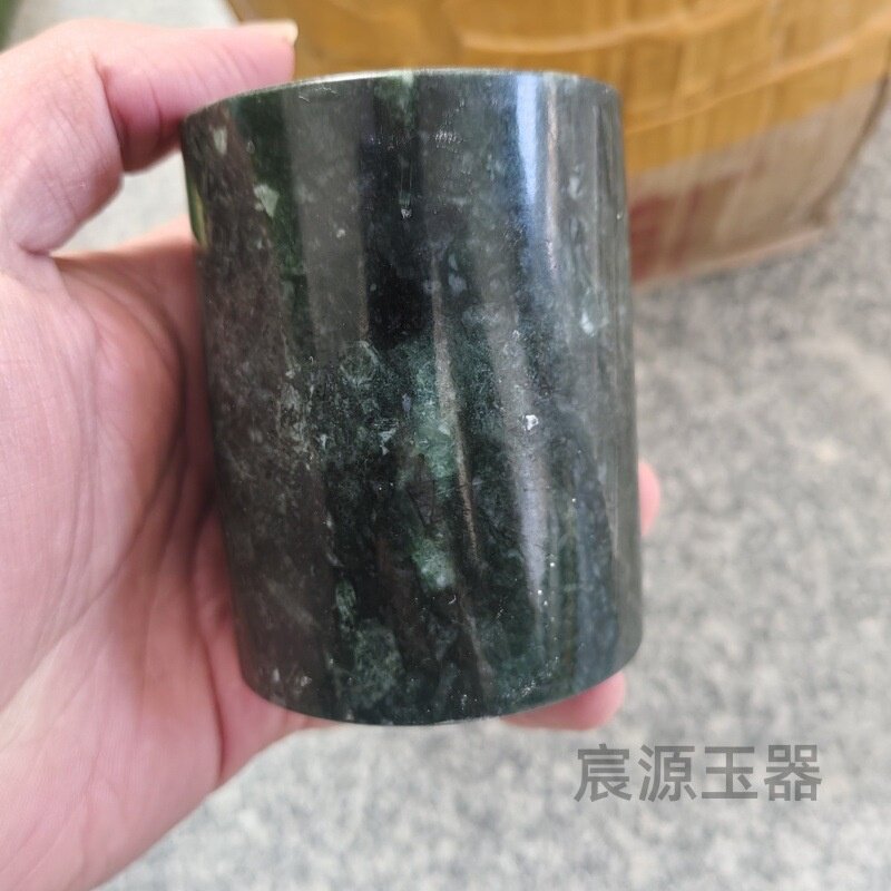 天然药石直桶水杯橄榄绿茶杯茶具玉石玉器墨玉水杯墨绿玉器茶具