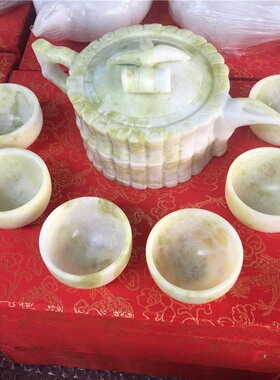 天然蓝田玉竹节南瓜茶壶茶杯茶碗玉石茶具摆件套盒