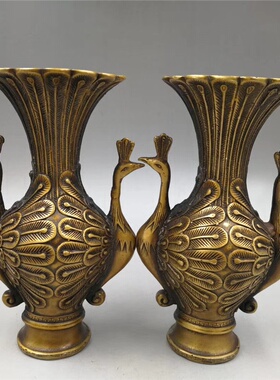 古玩杂项仿古做旧铜双凤花瓶一对家居办公工艺品风花瓶摆件批发